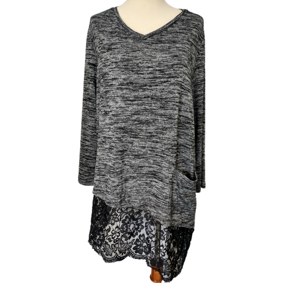Logo Lori Goldstein Tunic XL Top Blouse Shirt Asymmetric Hem Lace Black Boho
